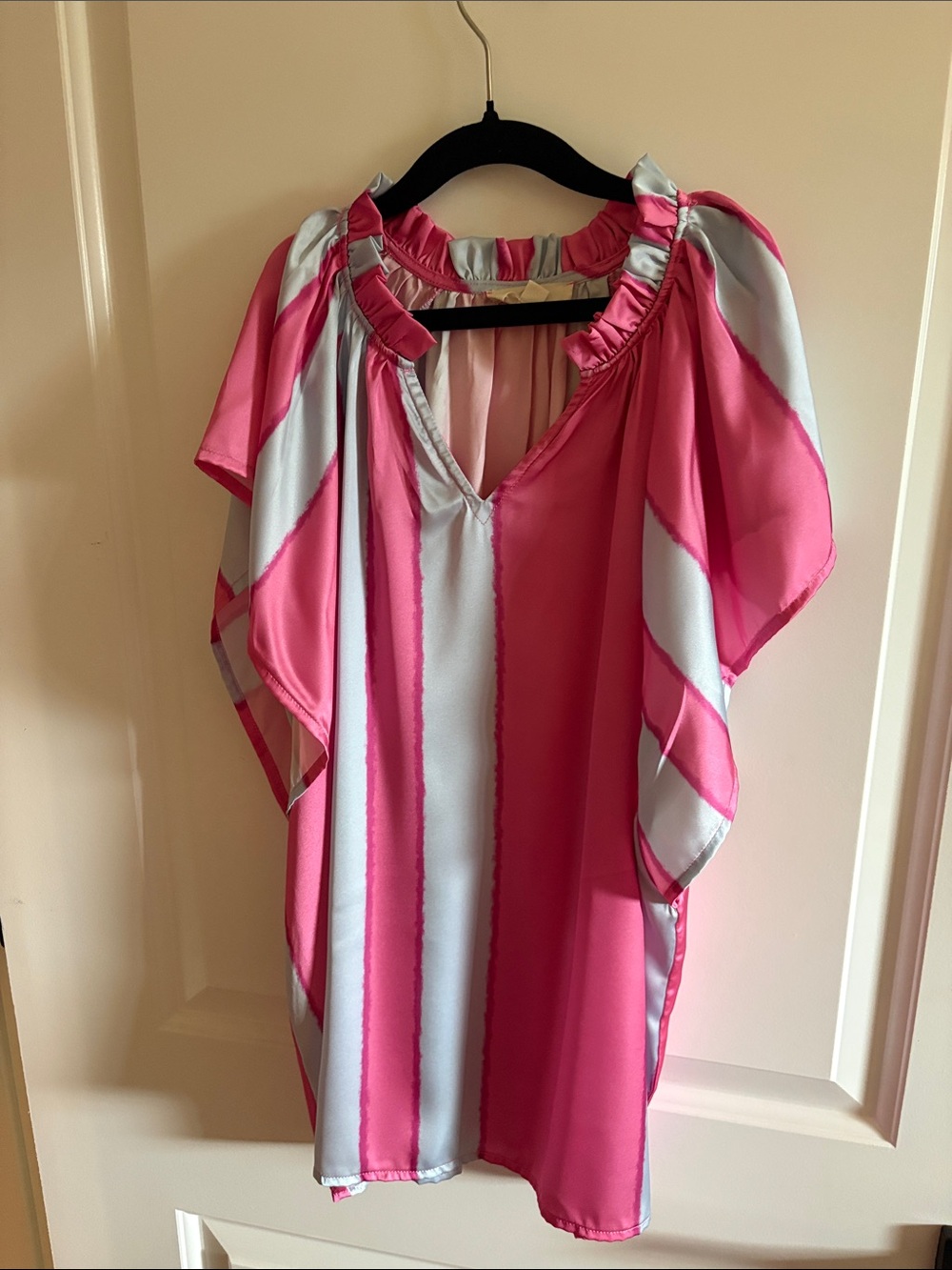 entro Pink and Light Gray Striped Ruffle-Neck Tunic
